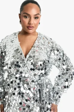 Wrap Dresses|Mini Dresses*boohoo Plus Sequin Wrap Dress silver