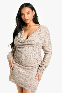 Mini Dresses|Long Sleeve Dresses*boohoo Plus Shard Sequin Shift Dress mocha