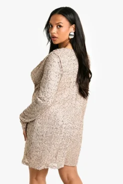 Mini Dresses|Long Sleeve Dresses*boohoo Plus Shard Sequin Shift Dress mocha