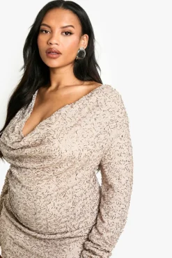 Mini Dresses|Long Sleeve Dresses*boohoo Plus Shard Sequin Shift Dress mocha