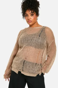 Oversized Jumpers*boohoo Plus Sheer Distressed Oversized Lightweight Jumper taupe