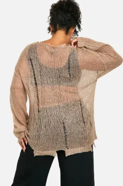 Oversized Jumpers*boohoo Plus Sheer Distressed Oversized Lightweight Jumper taupe