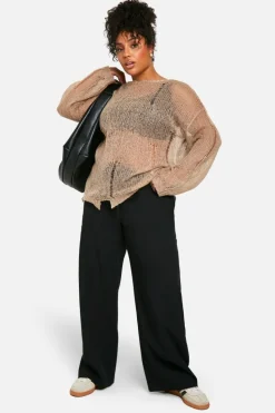 Oversized Jumpers*boohoo Plus Sheer Distressed Oversized Lightweight Jumper taupe