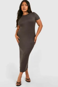 T-Shirt Dresses|Shirt Dresses*boohoo Plus Short Sleeve Longline Midi T-shirt Dress charcoal