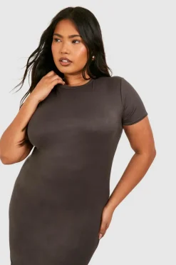 T-Shirt Dresses|Shirt Dresses*boohoo Plus Short Sleeve Longline Midi T-shirt Dress charcoal