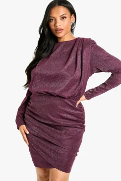 Bodycon Dresses*boohoo Plus Shoulder Pad Ruched Glitter Dress plum
