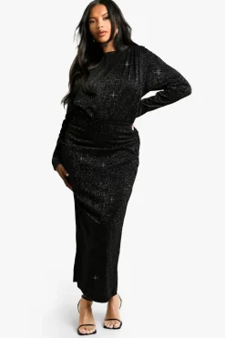 Bodycon Dresses*boohoo Plus Shoulder Pad Ruched Glitter Midaxi Dress black