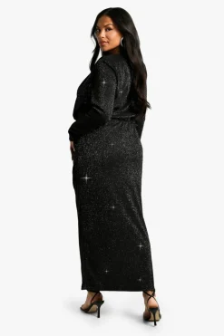 Bodycon Dresses*boohoo Plus Shoulder Pad Ruched Glitter Midaxi Dress black