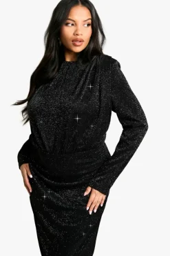 Bodycon Dresses*boohoo Plus Shoulder Pad Ruched Glitter Midaxi Dress black