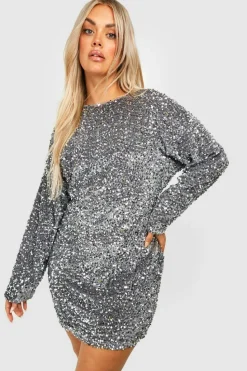 Mini Dresses|Long Sleeve Dresses*boohoo Plus Size Sequin Batwing Shift Dress silver