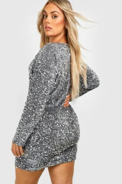 Mini Dresses|Long Sleeve Dresses*boohoo Plus Size Sequin Batwing Shift Dress silver