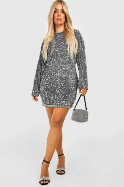 Mini Dresses|Long Sleeve Dresses*boohoo Plus Size Sequin Batwing Shift Dress silver