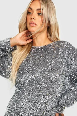 Mini Dresses|Long Sleeve Dresses*boohoo Plus Size Sequin Batwing Shift Dress silver
