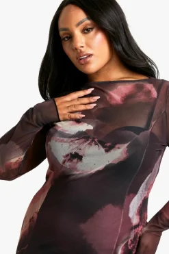 Long Sleeve Dresses|Long Sleeve Dresses*boohoo Plus Slash Neck Floral Mesh Print Godet Hem Midaxi Dress plum