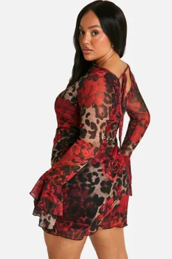 Bodycon Dresses|Mini Dresses*boohoo Plus Slash Neck Mixed Print Flare Sleeve Mini Dress leopard