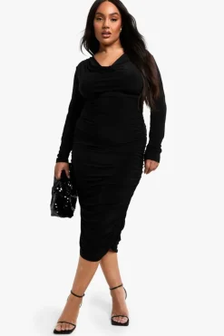 Midi Dresses*boohoo Plus Slinky Cowl Neck Ruched Midi Dress black