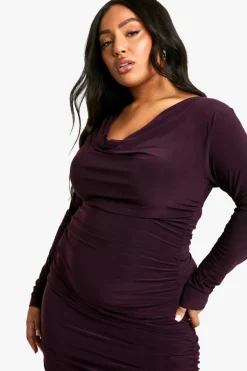 Midi Dresses*boohoo Plus Slinky Cowl Neck Ruched Midi Dress blackcurrant