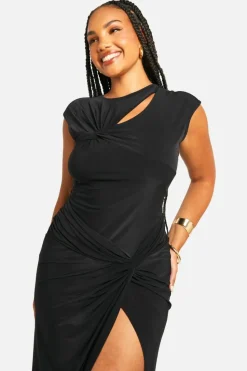 Mini Dresses|Midi Dresses*boohoo Plus Slinky Twist Deatil Midi Dress black