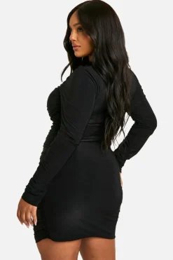 Mini Dresses|Long Sleeve Dresses*boohoo plus slinky Twist Detail Ruched Mini Dress black
