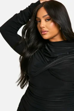 Mini Dresses|Long Sleeve Dresses*boohoo plus slinky Twist Detail Ruched Mini Dress black