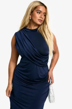 Wrap Dresses*boohoo Plus Slinky Wrap Detail Maxi Dress navy