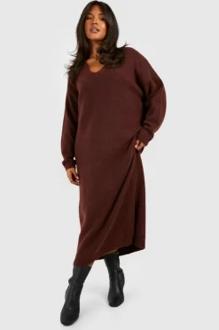 Maxi Dresses|Jumper Dresses*boohoo Plus Slouchy Soft Knit Maxi Knitted Dress chocolate