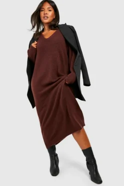Maxi Dresses|Jumper Dresses*boohoo Plus Slouchy Soft Knit Maxi Knitted Dress chocolate