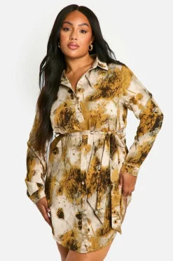 Shirt Dresses|Mini Dresses*boohoo Plus Smudge Abstarct Printed Tie Belt Shirt Dress yellow