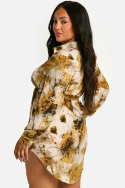 Shirt Dresses|Mini Dresses*boohoo Plus Smudge Abstarct Printed Tie Belt Shirt Dress yellow