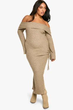 Jumper Dresses|Jumper Dresses*boohoo Plus Soft Cable Asymmetric Hem Bardot Maxi Dress mocha
