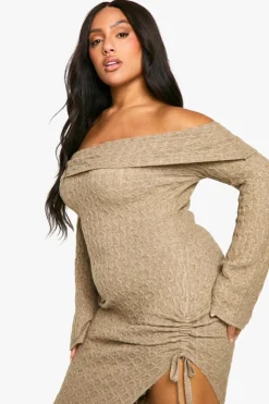 Jumper Dresses|Jumper Dresses*boohoo Plus Soft Cable Asymmetric Hem Bardot Maxi Dress mocha