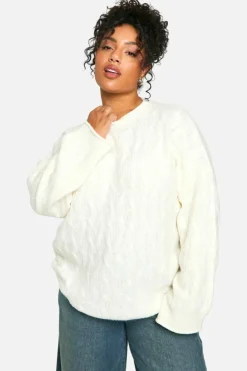 Oversized Jumpers|Jumpers*boohoo Plus Soft Cable Knit Oversized Jumper cream