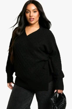 Cardigans|Knitwear*boohoo Plus Soft Cable Knitted Wrap Cardigan black