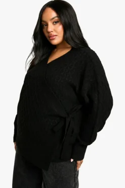 Cardigans|Knitwear*boohoo Plus Soft Cable Knitted Wrap Cardigan black