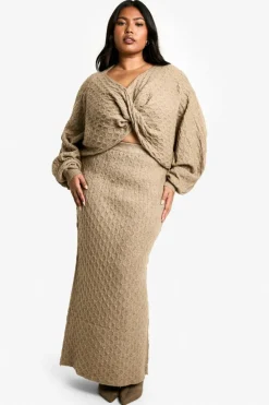 Up To 80% Off Winter Warmers*boohoo Plus Soft Cable Twist Front Crop Jumper And Maxi Skirt Set mocha