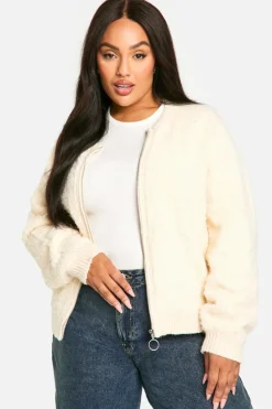 Cardigans*boohoo Plus Soft Knit Boucle Bomber Cardigan ecru