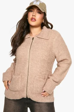 Cardigans*boohoo Plus Soft Knit Boucle Zip Through Collared Cardigan ecru