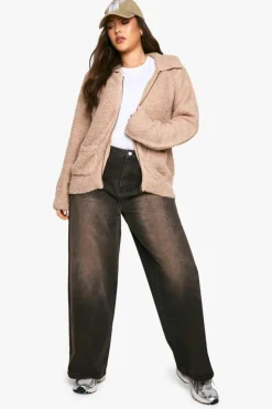 Cardigans*boohoo Plus Soft Knit Boucle Zip Through Collared Cardigan ecru