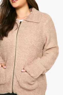 Cardigans*boohoo Plus Soft Knit Boucle Zip Through Collared Cardigan ecru