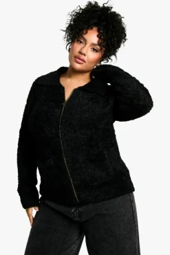 Cardigans*boohoo Plus Soft Knit Boucle Zip Through Collared Cardigan black
