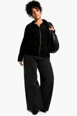 Cardigans*boohoo Plus Soft Knit Boucle Zip Through Collared Cardigan black