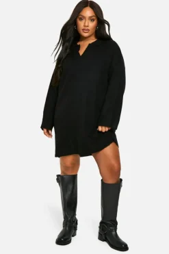 Jumper Dresses|Jumper Dresses*boohoo Plus Soft Knit Fine Gauge Polo Collar Jumper Dress black