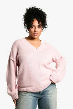 Jumpers|Knitwear*boohoo Plus Soft Knit Seam Detail V Neck Slouchy Jumper baby pink