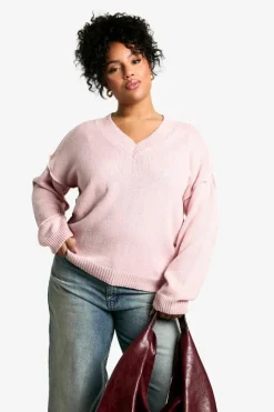 Jumpers|Knitwear*boohoo Plus Soft Knit Seam Detail V Neck Slouchy Jumper baby pink