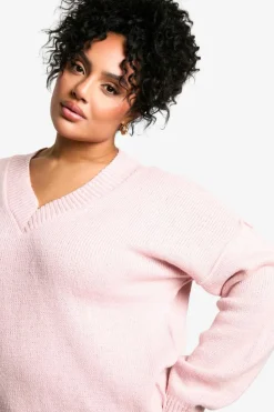 Jumpers|Knitwear*boohoo Plus Soft Knit Seam Detail V Neck Slouchy Jumper baby pink