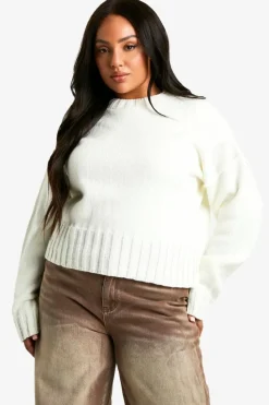 Jumpers|Jumpers & Cardigans*boohoo Plus Soft Knit Seam Detail Crew Neck Slouchy Jumper ecru