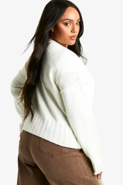 Jumpers|Jumpers & Cardigans*boohoo Plus Soft Knit Seam Detail Crew Neck Slouchy Jumper ecru