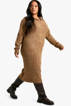 Maxi Dresses|Jumper Dresses*boohoo Plus Soft Knit Thick Rib Collar Detail Maxi Dress camel