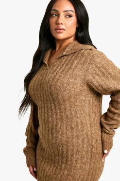 Maxi Dresses|Jumper Dresses*boohoo Plus Soft Knit Thick Rib Collar Detail Maxi Dress camel
