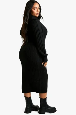 Maxi Dresses|Jumper Dresses*boohoo Plus Soft Knit Thick Rib Collar Detail Maxi Dress black